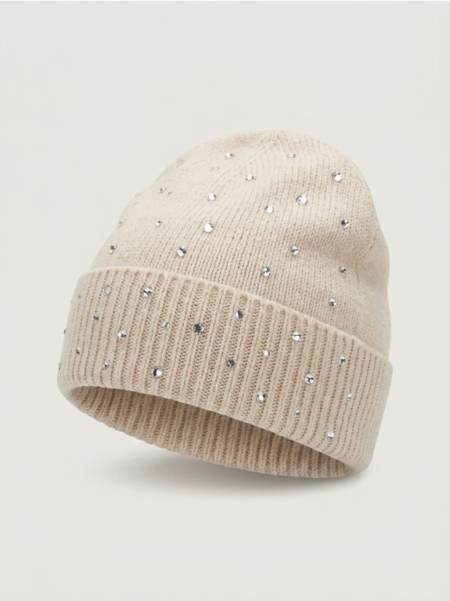 Sinsay - Căciulă beanie cu strasuri - crem