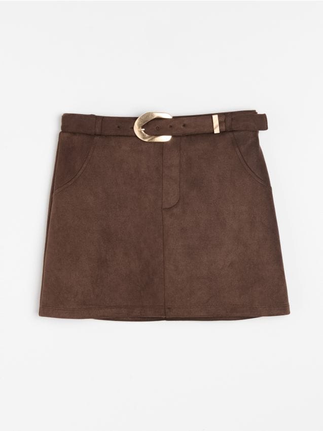 Sinsay - Fustă-pantalon din imitație de piele întoarsă cu curea - maro