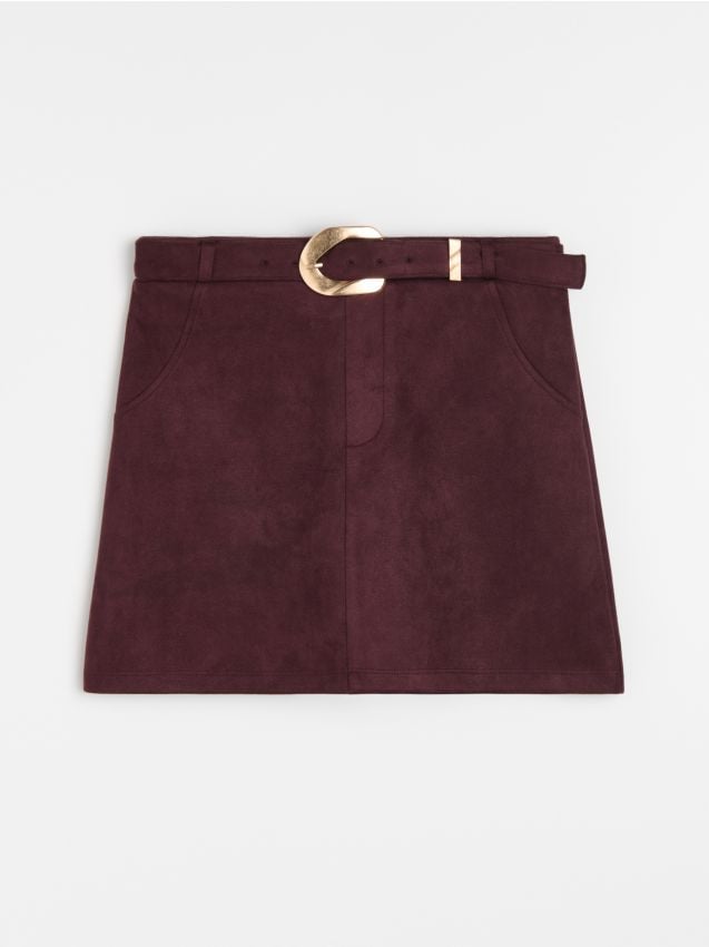 Sinsay - Fustă-pantalon din imitație de piele întoarsă cu curea - mahon