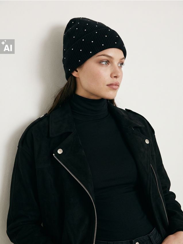 Sinsay - Căciulă beanie striată cu aplicație decorativă cu strasuri - negru