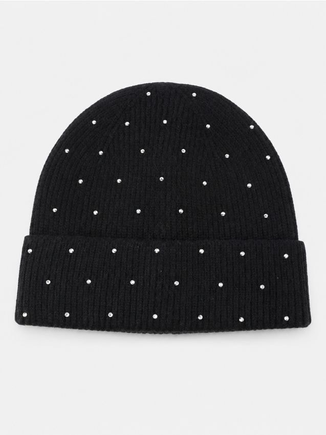Sinsay - Căciulă beanie striată cu aplicație decorativă cu strasuri - negru