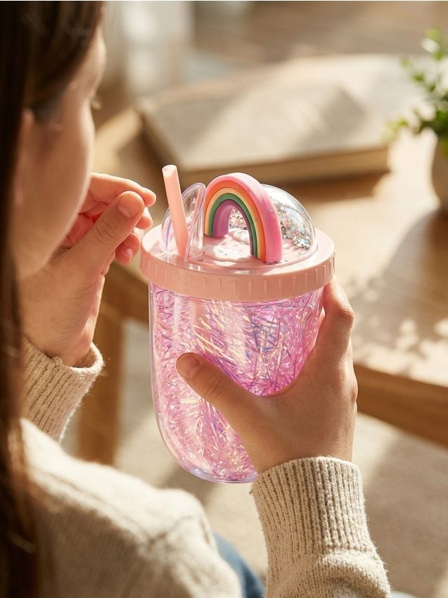 Sinsay - Cană cu capac și pai cu motiv curcubeu - roz-pastel