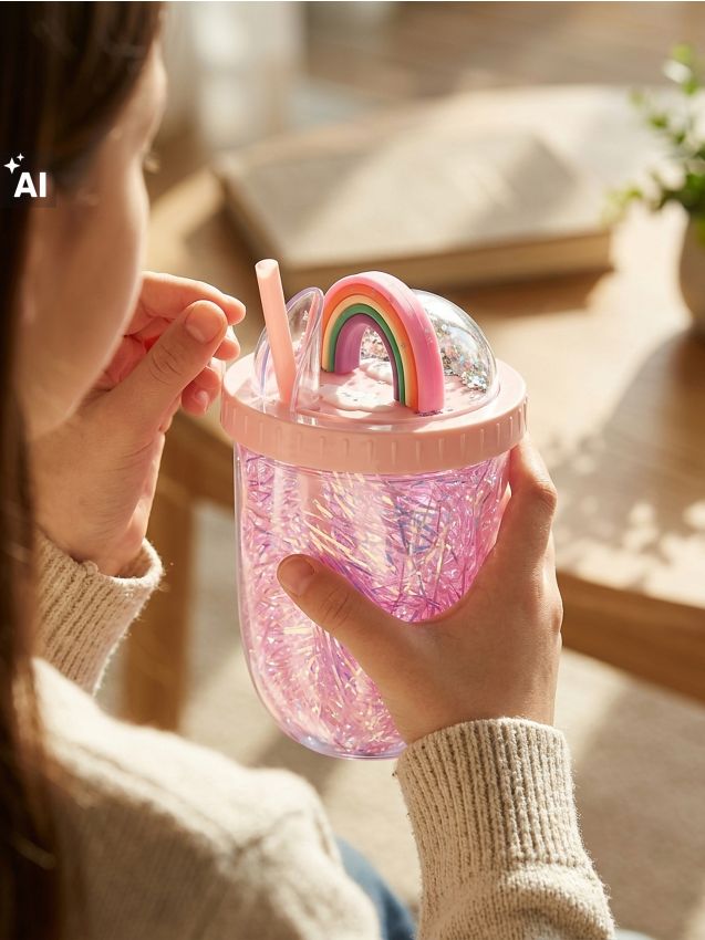 Sinsay - Cană cu capac și pai cu motiv curcubeu - roz-pastel