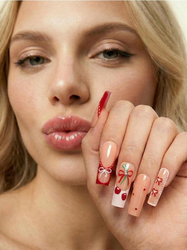 Sinsay - Set de unghii artificiale cu motiv funde și cireșe 24 pack - multicolor