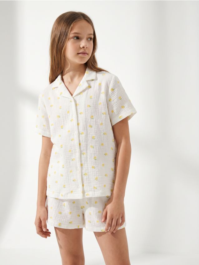 Sinsay - Pijama din bumbac din două piese cu lămâi - crem