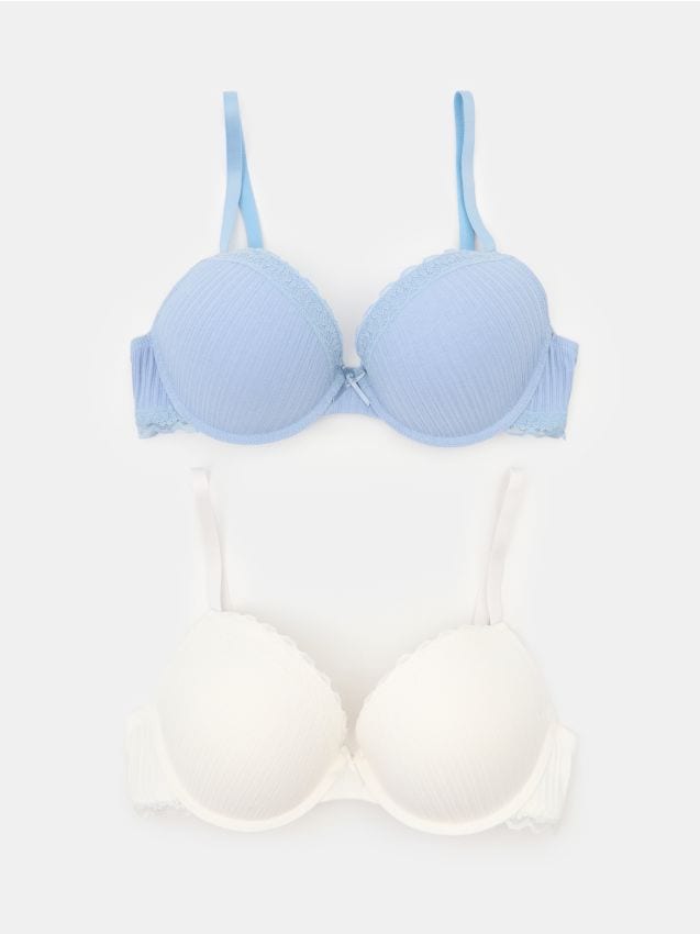 Sinsay - Bawełniane prążkowane biustonosze push-up z koronką 2 pack - wielobarwny