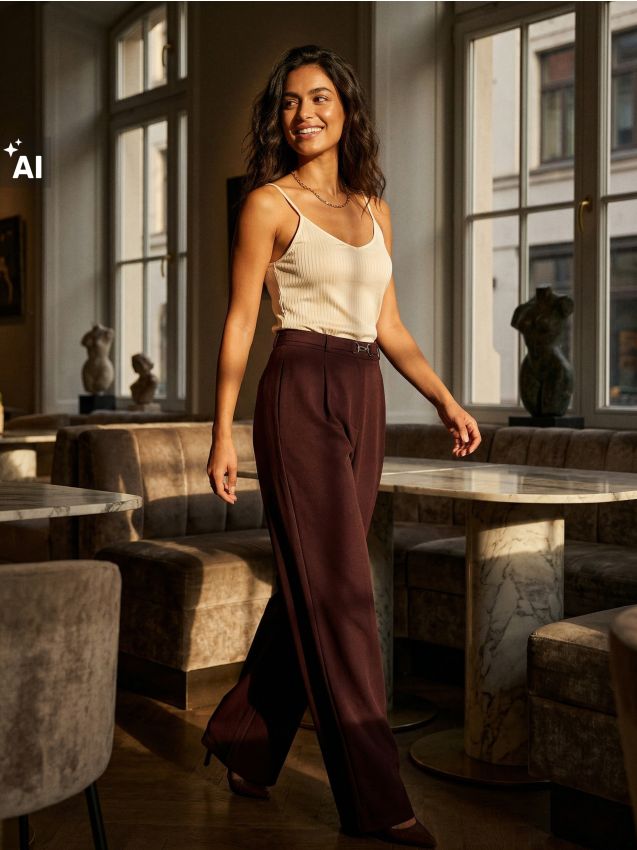Sinsay - Pantaloni wide-leg cu pliseuri și curea decorativă - bordo