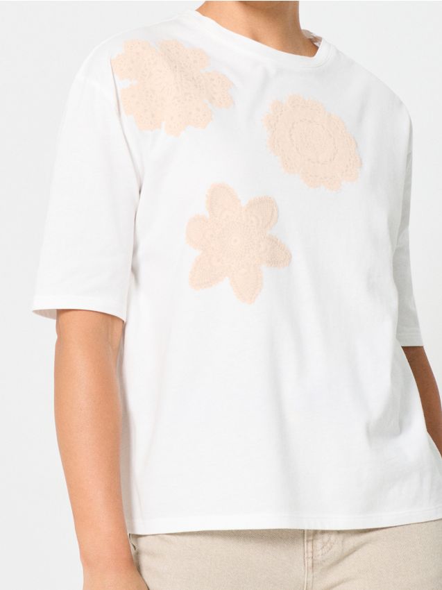 Sinsay - Tricou din bumbac cu aplicație 3D - crem