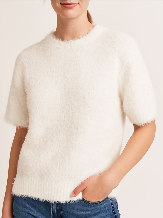 Sinsay - Bluză moale cu mâneci scurte și decolteu rotund - alb