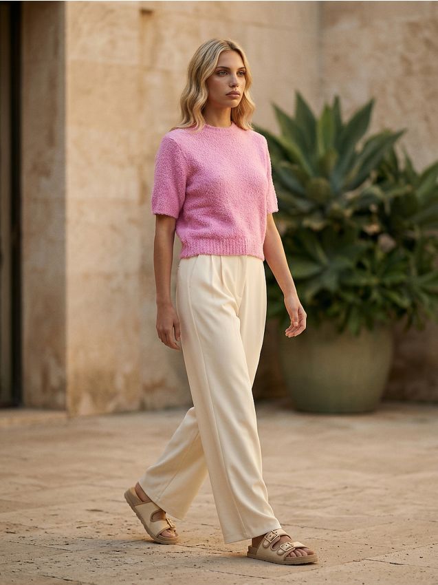 Sinsay - Bluză moale cu mâneci scurte și decolteu rotund - roz