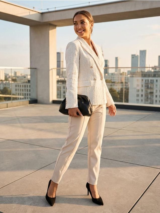 Sinsay - Spodnie z imitacji skóry - kremowy