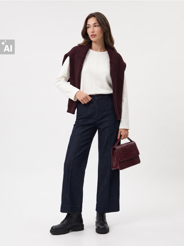 Sinsay - Tricou cu mânecă lungă din amestec de vâscoză - crem
