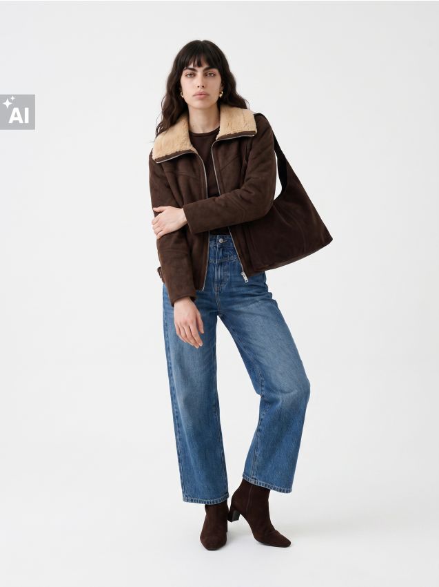 Sinsay - Tricou cu mânecă lungă din amestec de vâscoză - maro-închis
