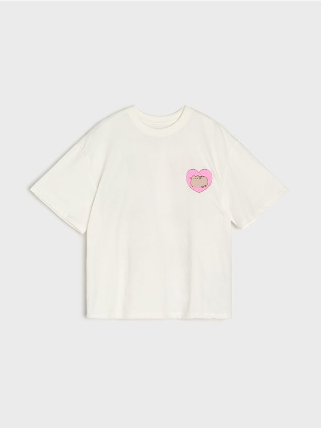 Sinsay - Bawełniana koszulka z nadrukiem Pusheen the Cat - kremowy