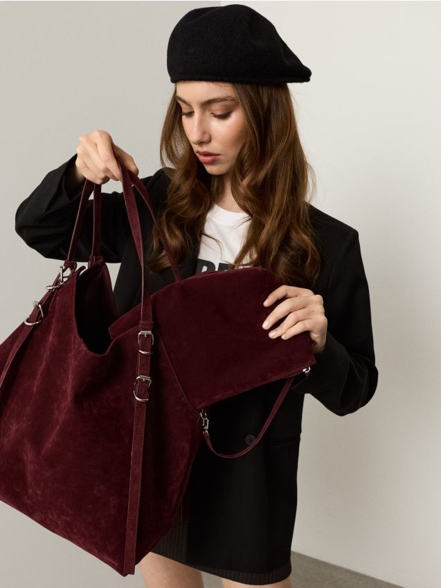 Sinsay - Geantă shopper din imitație de piele intoarsă cu portfard - bordo