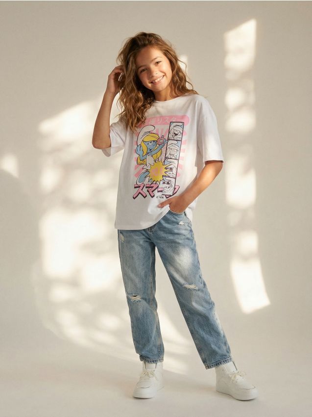 Sinsay - Tricou din bumbac cu imprimeu The Smurfs - alb