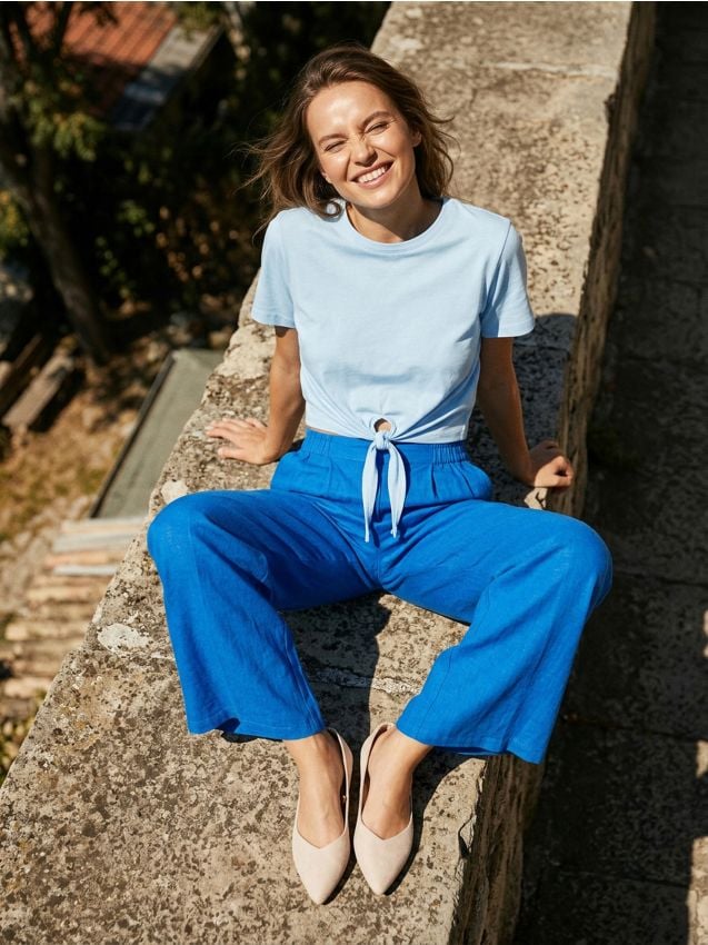Sinsay - Tricou legat în talie - albastru-pal