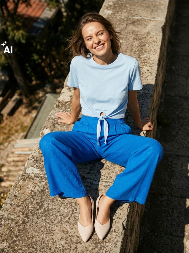 Sinsay - Tricou legat în talie - albastru-pal