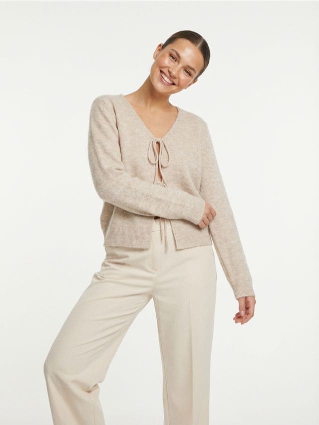 Sinsay - Cardigan cu șnur în față - bej