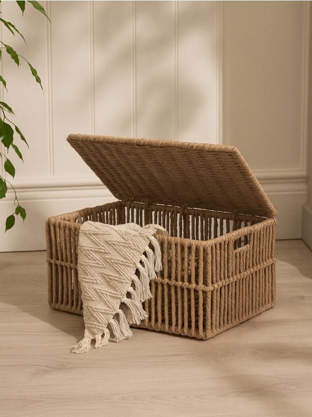 Sinsay - Pletený úložný kôš s vekom - béžová