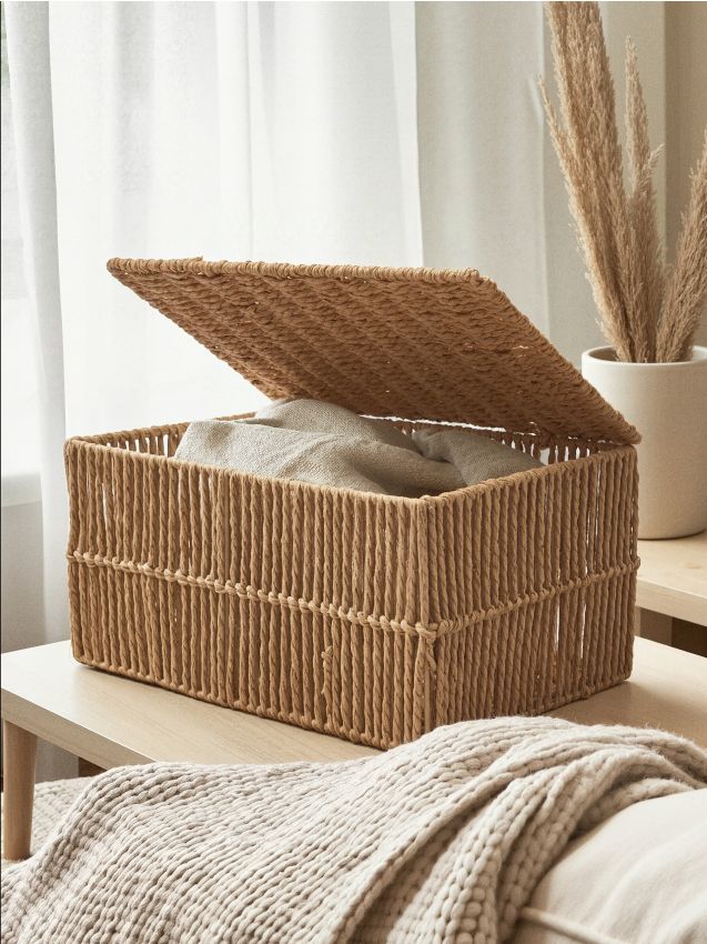 Sinsay - Pletený úložný kôš s vekom - béžová