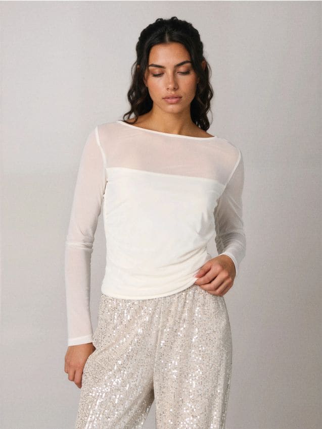 Sinsay - Bluzka z transparentnym rękawem - kremowy