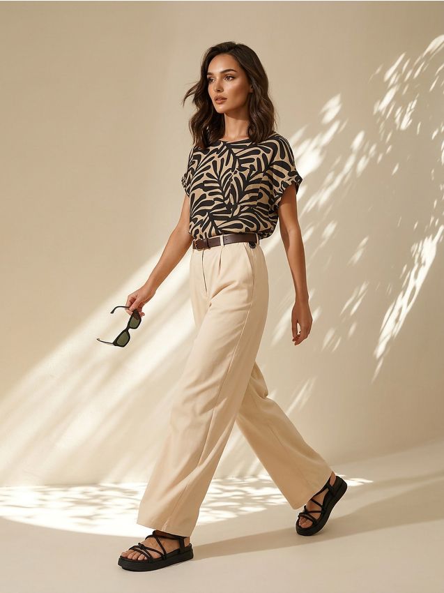 Sinsay - Pantaloni eleganți wide leg cu curea - nude