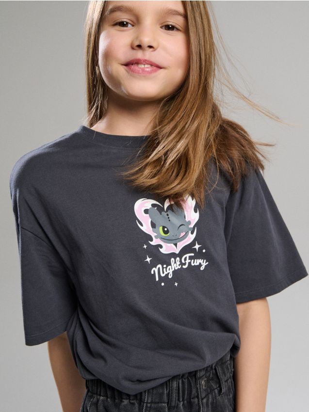 Sinsay - Tricou din bumbac cu imprimeu How to Train Your Dragon - negru-antracit