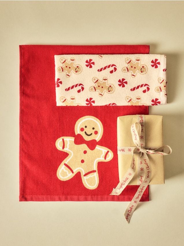 Sinsay - Prosoape de mâini de Crăciun din bumbac cu imprimeu cu omuleți din turtă dulce 2 pack - roșu