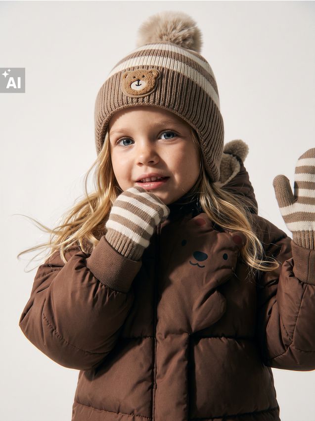 Sinsay - Set în dungi: căciulă cu pompon și mănuși cu motiv de ursuleț - multicolor