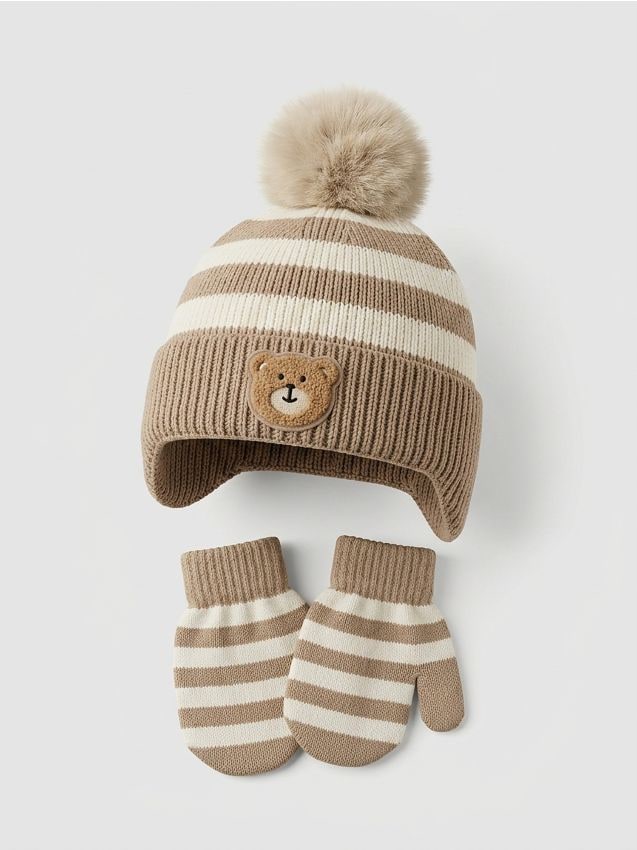 Sinsay - Set în dungi: căciulă cu pompon și mănuși cu motiv de ursuleț - multicolor