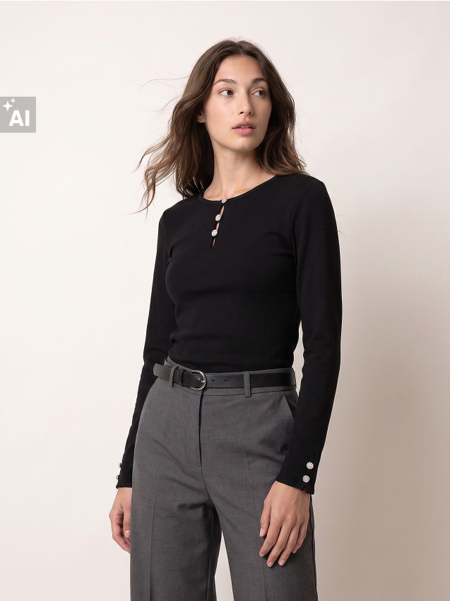 Sinsay - Bluză din bumbac cu nasturi decorativi - negru