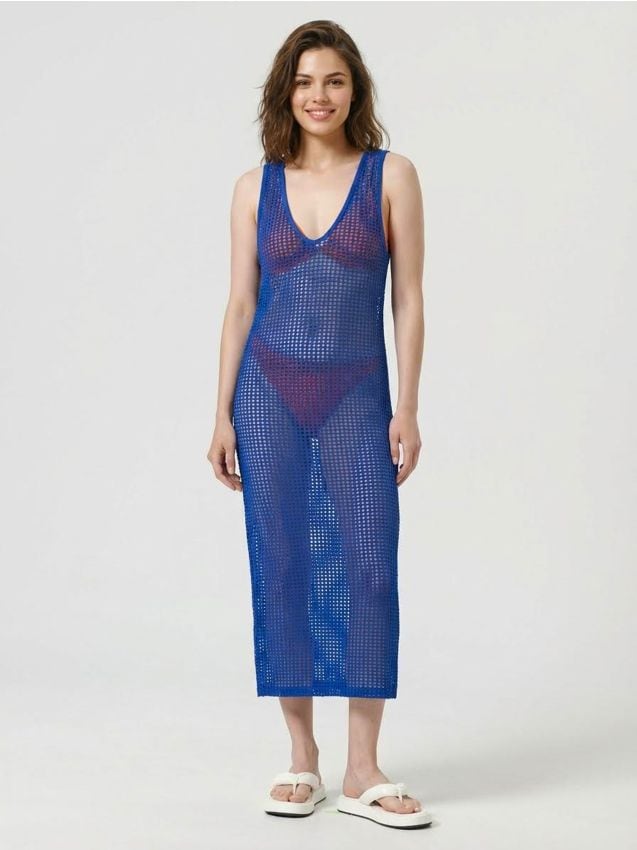 Abito midi in maglia traforata - blu