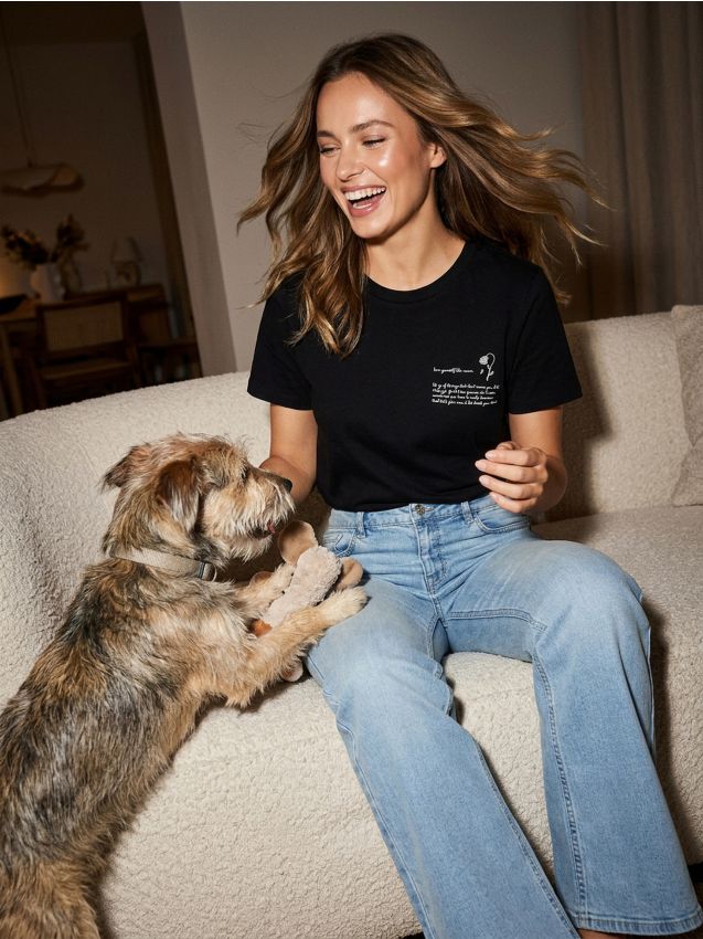 Sinsay - Tricou din bumbac cu inscripție - negru