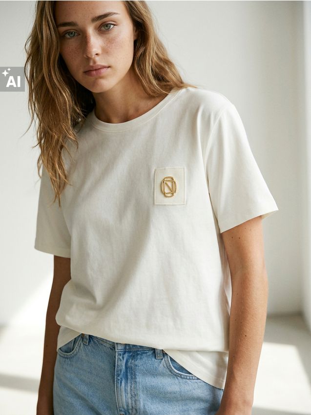 Sinsay - Tricou din bumbac cu mânecă scurtă și aplicație strălucitoare - crem