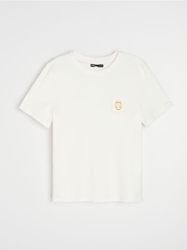 Sinsay - Tricou din bumbac cu mânecă scurtă și aplicație strălucitoare - crem