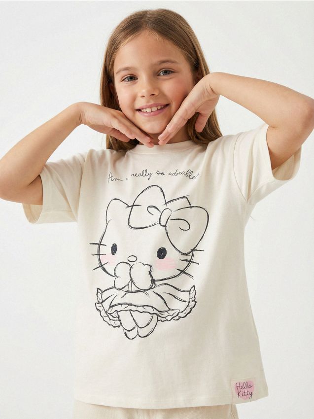 Sinsay - Tricou din bumbac cu imprimeu Hello Kitty - crem
