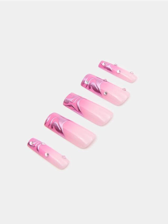 Sinsay - Unghii false pătrate cu pietricele strass - roz