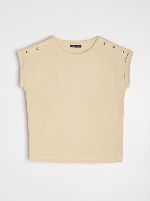 Sinsay - Tricou cu mânecă scurtă și decolteu decorativ - nude