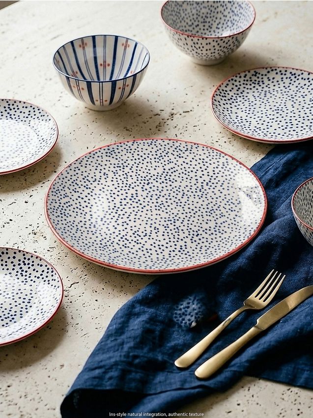 Piatto in ceramica a pois con bordo a contrasto - multicolor