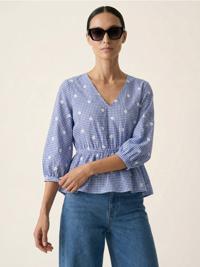 Sinsay - Bluză tip cămașă în carouri cu flori brodate - multicolor