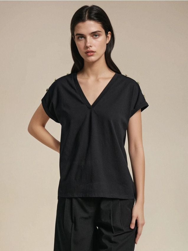 Sinsay - Tricou cu mânecă scurtă și decolteu decorativ - negru