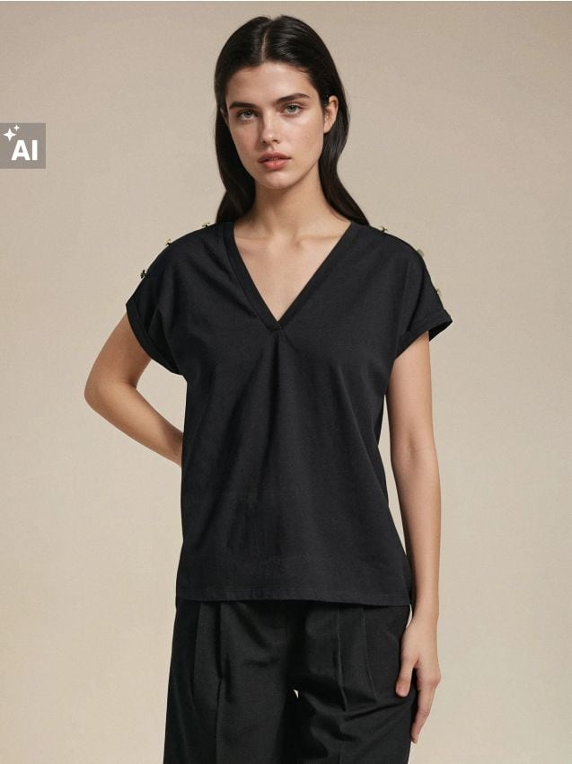 Sinsay - Tricou cu mânecă scurtă și decolteu decorativ - negru