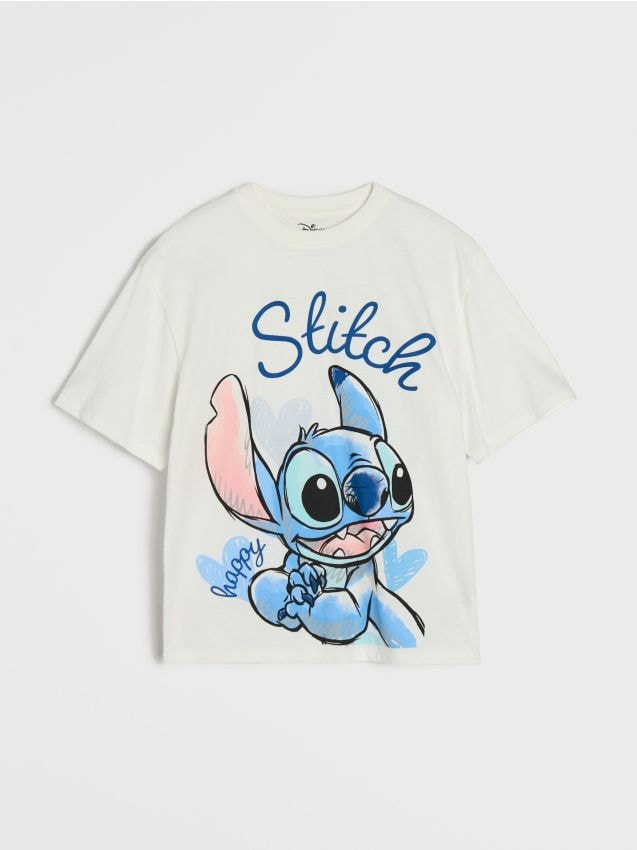 Sinsay - Tricou din bumbac cu imprimeu Stitch - crem