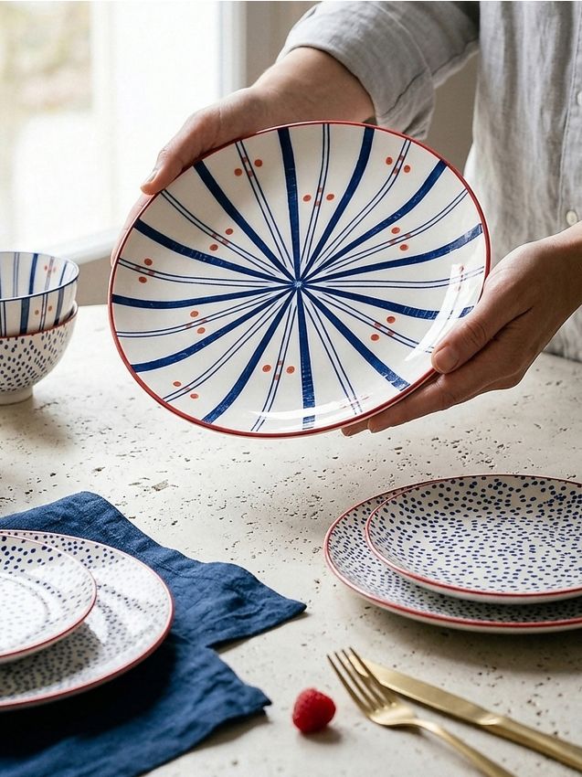 Piatto in ceramica con motivo radiale e puntini - rosso