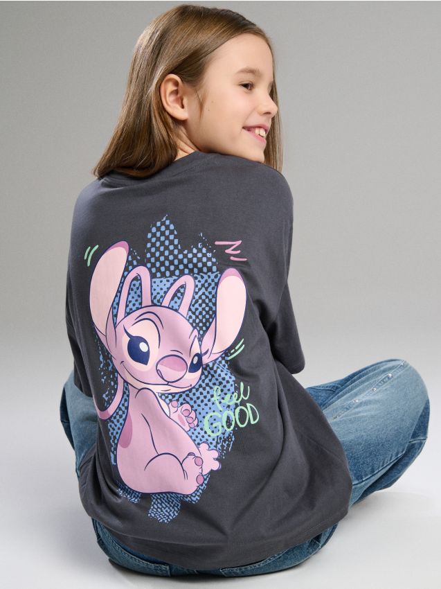 Sinsay - Tricou din bumbac cu imprimeu Lilo & Stitch - negru-antracit