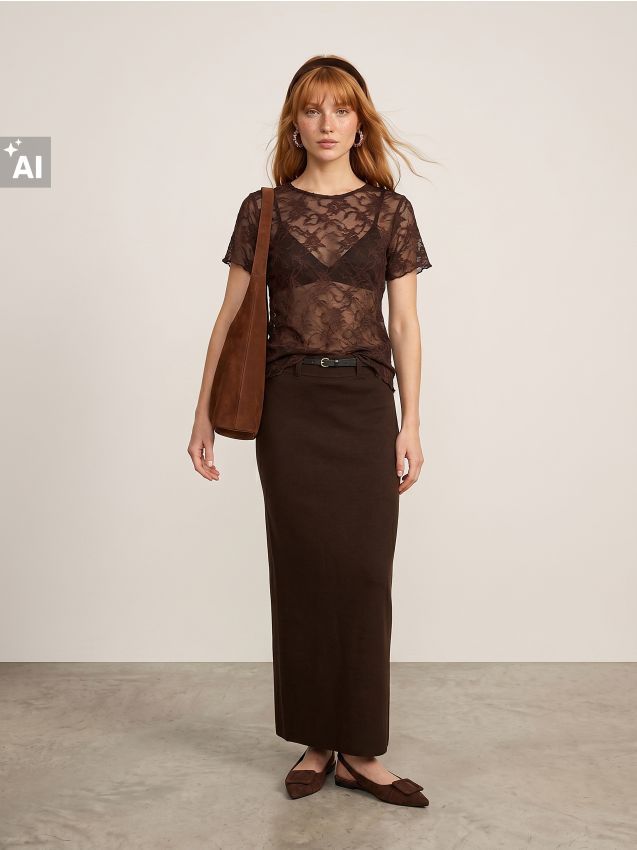 Sinsay - Tricou din dantelă - cafeniu