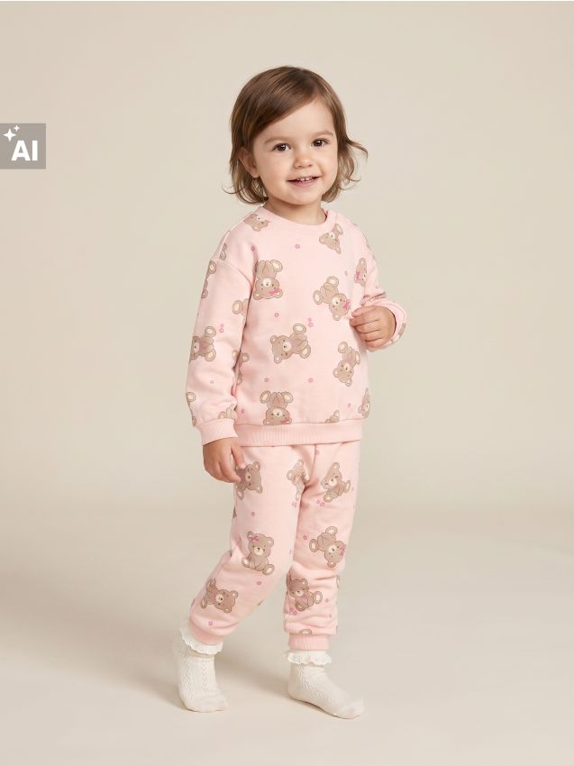 Sinsay - Set din bumbac: hanorac și pantaloni cu motiv ursuleț - roz-pastel