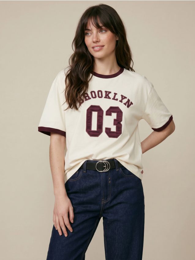 Sinsay - Tricou din bumbac cu text brodat Brooklyn - crem