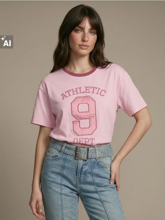 Sinsay - Tricou din bumbac cu text brodat Athletic - roz-trandafiriu